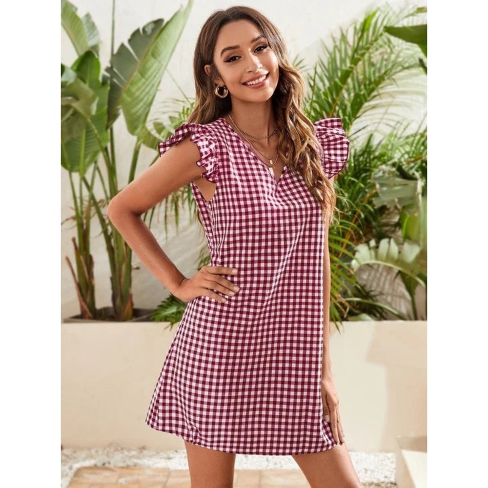 EMERY ROSE Burgundy White Gingham Ruffle Sleeve V Neck A Line Dress Medium